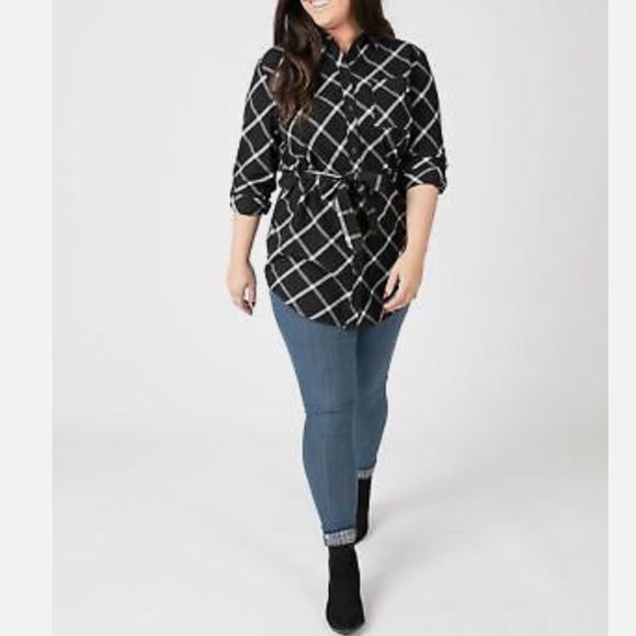Agnes & Dora black ivory window pane flannel button up tunic top belt size XL - Picture 6 of 11